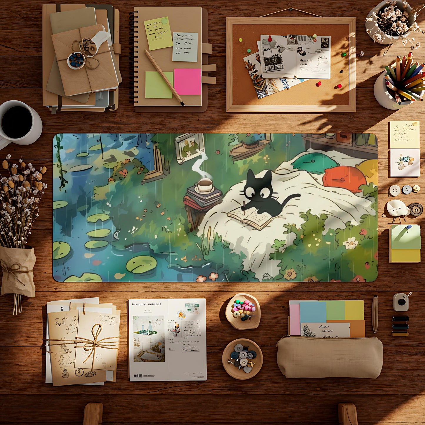Ghibli Cat Desk Mat: Cozy Anime Office Decor, 24x14"