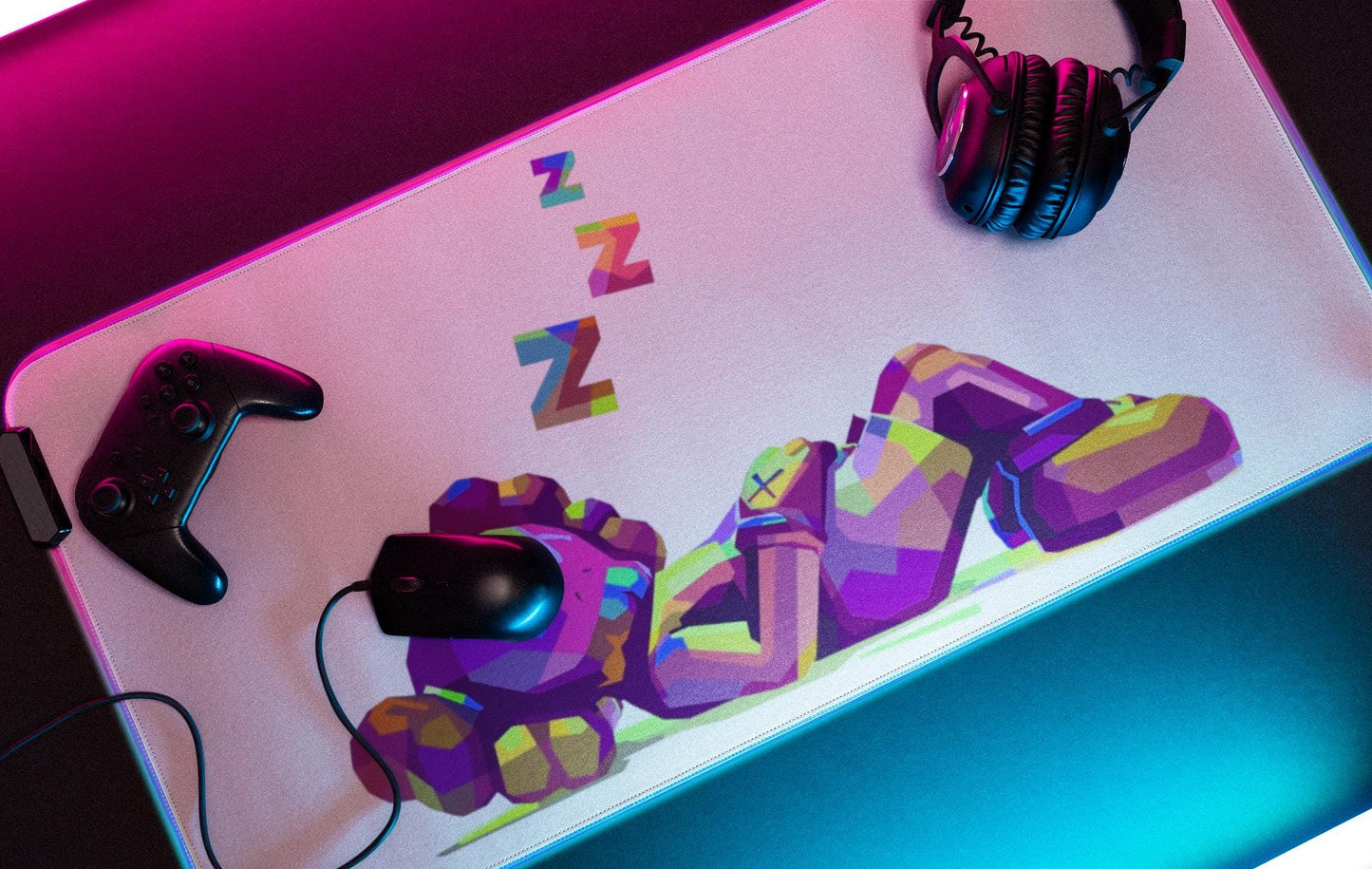 RGB LED Gaming Desk Mat: Colorful Low-Poly Design (24x14 in.), Game Room Decor, Cute Desk Mat