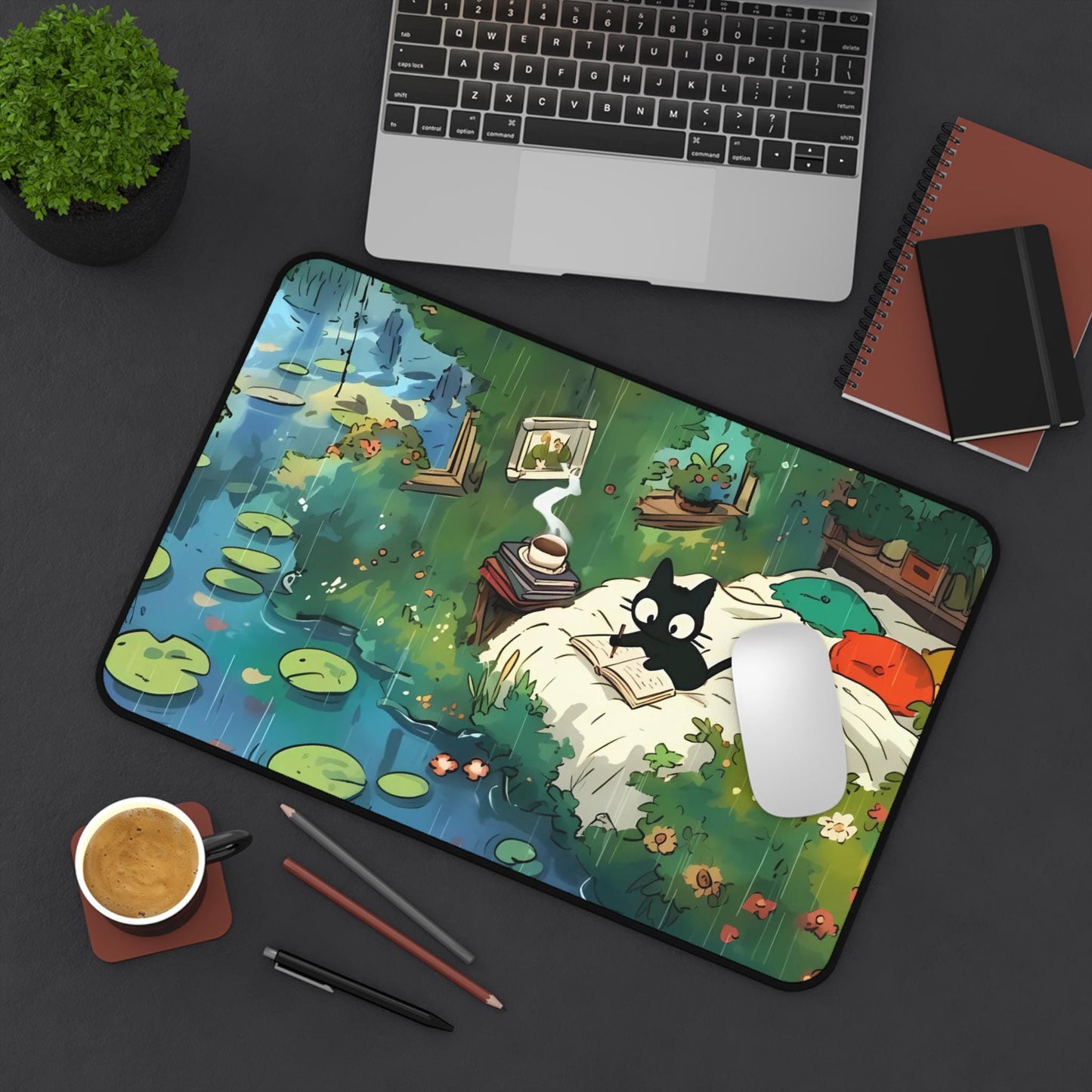 Ghibli Cat Desk Mat: Cozy Anime Office Decor, 24x14"
