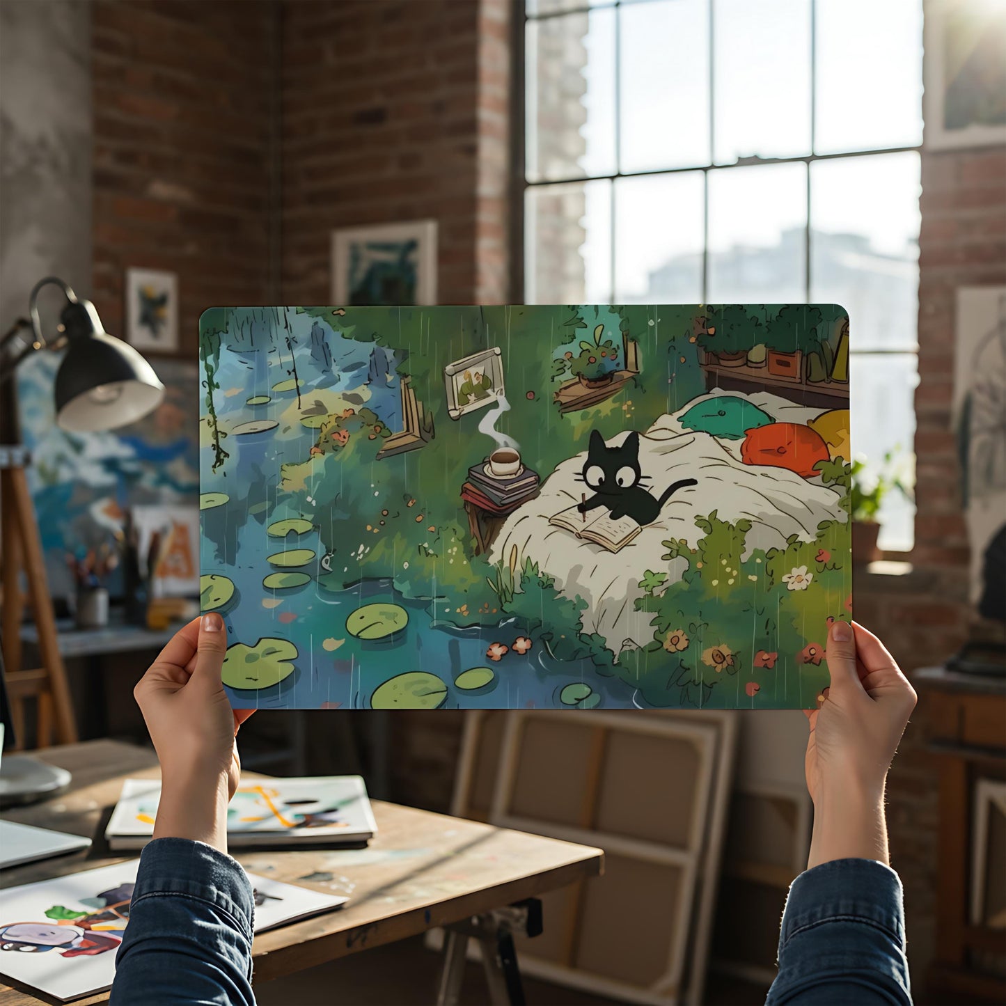 Ghibli Cat Desk Mat: Cozy Anime Office Decor, 24x14"
