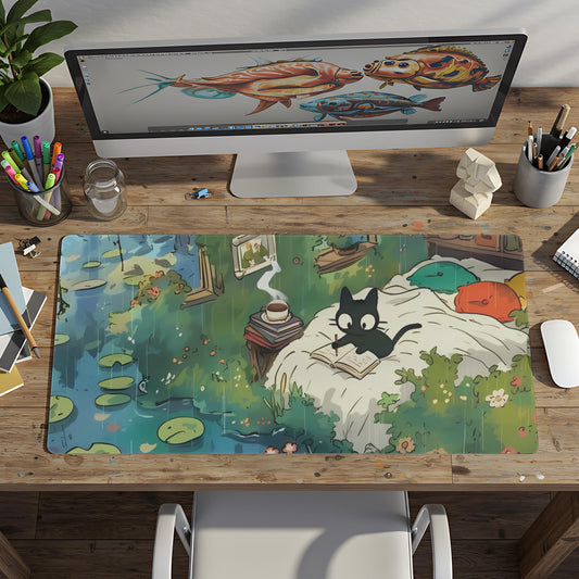 Ghibli Cat Desk Mat: Cozy Anime Office Decor, 24x14"