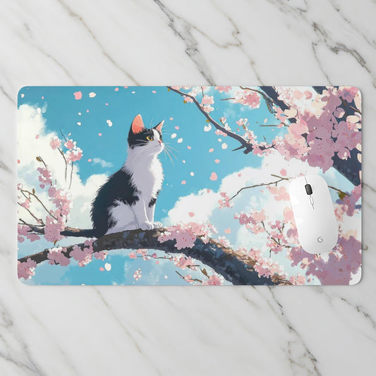 Cute Desk Mat, Anime Desk Mat, Sakura Cat Desk Mat, Aesthetic Desk Mat, Office Decor, Desk Decor, Cute Mousepad, Flowers Desk Mat