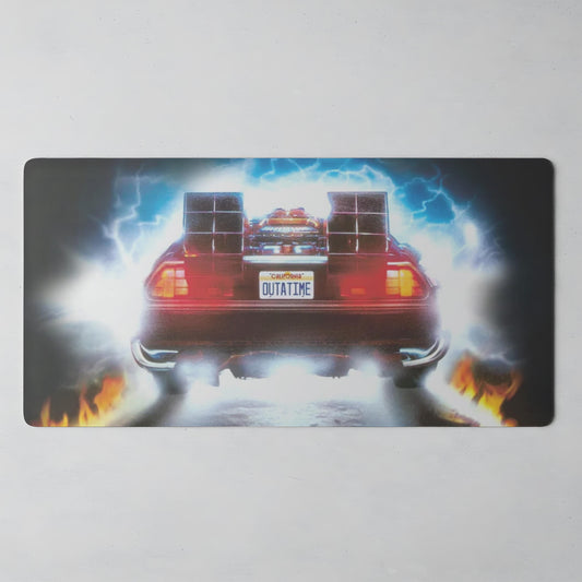 Retro Time-Traveling Car Desk Mat: Sci-Fi Office Decor